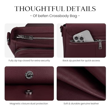 befen Genuine Leather Medium Crossbody Bags for Women Saddle Bag Purse - color: Burgundy Red