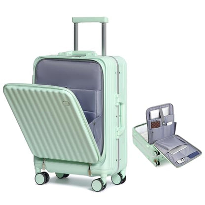 Somago Carry on Luggage Front Open 22x14x9 Airline Approved Lightweight Suitcase with Cup Holder and USB Port Aluminum Frame Polycarbonate Spinner Hard Suitcase with TSA Lock,Lime - color: Lime, size: 20 Inch Carry On (Front Opening)