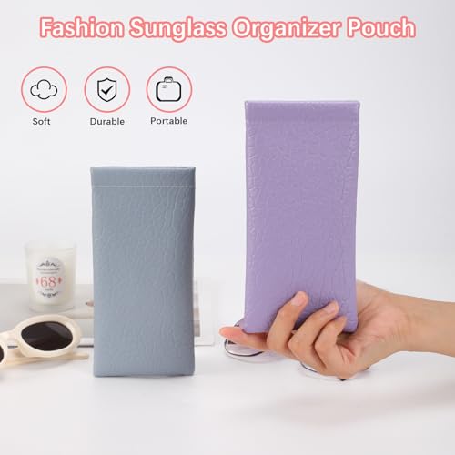 Squeeze Top Sunglass Pouch - Portable Sunglass Organizer Pouch Bags Soft PU Leather Glasses 2 Pack - color: Lilac Purple+denim Blue