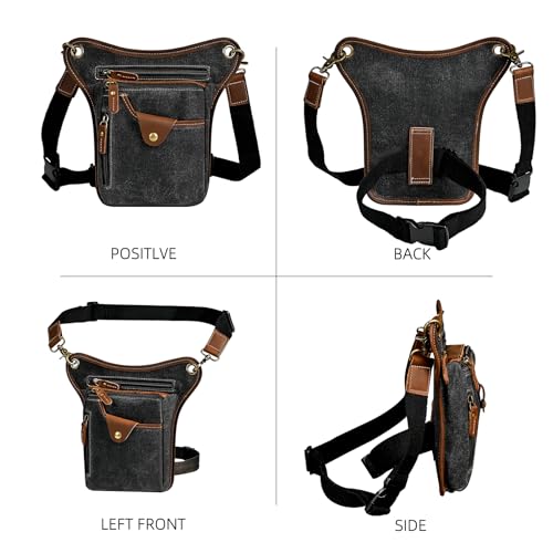 Water Resistant Canvas + Leather Motorcycle Fanny Waist Pack One Shoulder Drop Leg Thigh Bag For Men Women FB211-6 - color: 211-5 Black