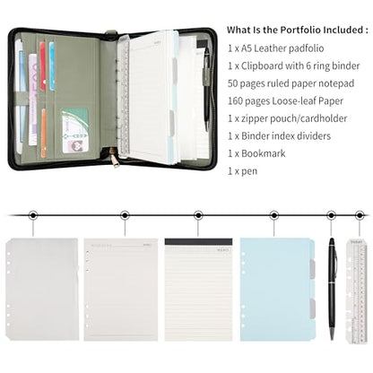 WASON Portfolio A5 Binder Journal with Zipper - Leather pu Writing Notebook Padfolio with Detachable Refillable Notebook, Legal Pad for Business Study and Travel Organizer (Green) - color: Green