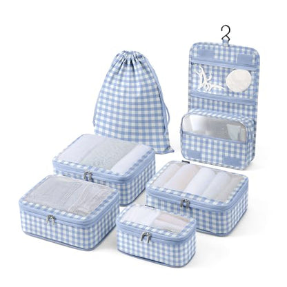 Vandel Compression Packing Cubes for Women, Set with Hanging Toiletry Bag - color: 1. Blue Gingham, size: Deluxe Set (4 Cubes + Toiletry & Laundry Bags)