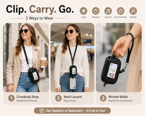 Clip and Go Strap for Phone,Crossbody Phone Lanyard Adjustable and Detachable Wristlet Wallet with ID Window