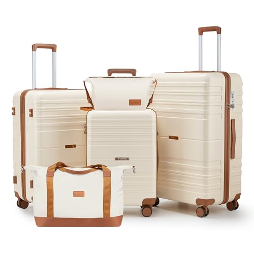 Luggage Sets with Spinner Wheels, Lightweight Hardshell Suitcase Set with TSA Lock, Carry On Checked Luggage Set with YKK Zippers (beige, 5 piece sets(20/24/28/DB/TB)) - color: beige, size: 5 piece sets(20/24/28/DB/TB)