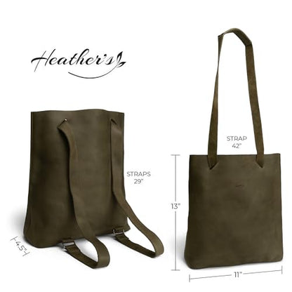 Heather's, Convertible Backpack to Shoulder Bag, Spacious Crossbody for Women, Squared Purse, Full Grain Leather, Handmade - color: Dark Jade