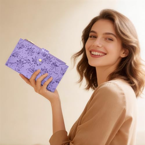 Travelambo Womens Leather Bifold Wallet, Slim RFID Blocking Card Holder - color: Purple Flower