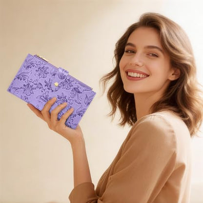 Travelambo Womens Leather Bifold Wallet, Slim RFID Blocking Card Holder - color: Purple Flower