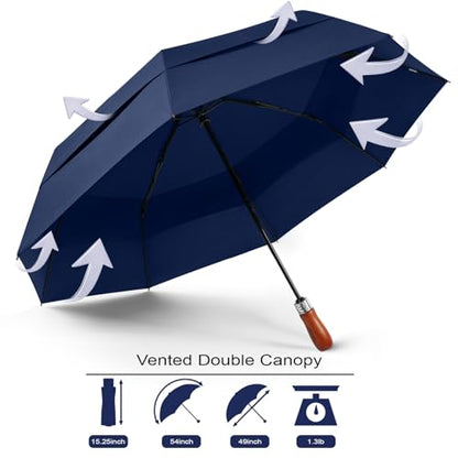 Windproof Golf Umbrella Large 54 Inch Folding Auto Open Close Wood Handle - color: 15.Light Blue