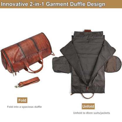 Genuine Leather Convertible Garment Duffle Bag for Men, 2 in 1 Suit Travel Bag with Shoe Compartment, Business Trip Weekender Overnight Bag, Brown - color: 01 Wiped Coffee Brown
