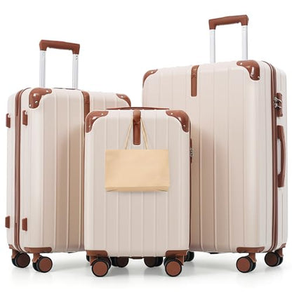 Travel Luggage Set 3 Piece, Premium ABS Hardshell Suitcase with TSA Lock, 20/24/28 Inch Lightweight Spinner Wheels, Durable Lightweight Carry On Bag Sets - color: B - Ivory