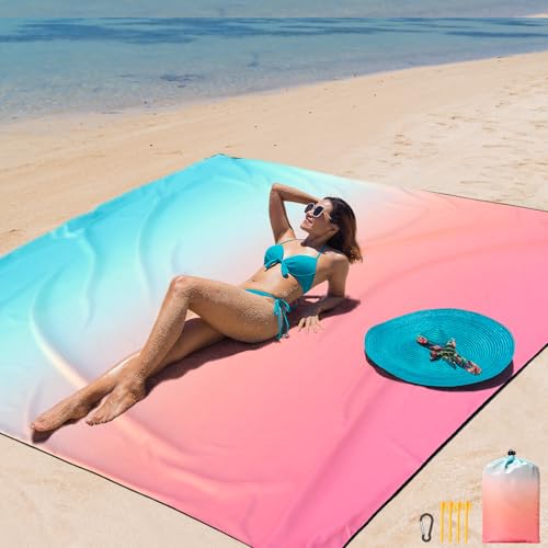 AISPARKY Beach Blanket Waterproof Sandproof,Extra Large,Picnic Blankets - color: Gradient - Pink Green, size: 9' x 6'7"