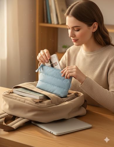 BAGSMART Small Makeup Bag, Machine Washable Puffy Cosmetic Pouch - color: Airy Blue