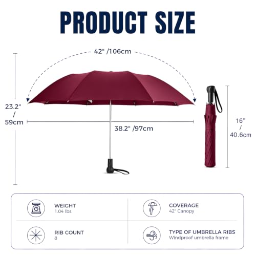 Collapsible Windproof Umbrella Travel - 42inch Auto Open & Manual Close - color: 05.Wine Red
