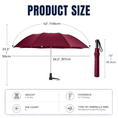 Collapsible Windproof Umbrella Travel - 42inch Auto Open & Manual Close - color: 05.Wine Red