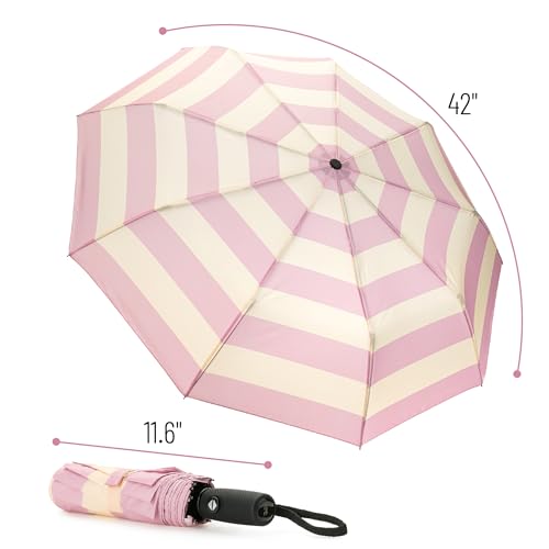 Mr. Pen- Windproof Travel Umbrella, Small Water-Resistant Automatic Folding Umbrella for Rain and Sun, Light, Compact and Portable for Women & Men, Fits Car & Backpack - color: Pink Stripes