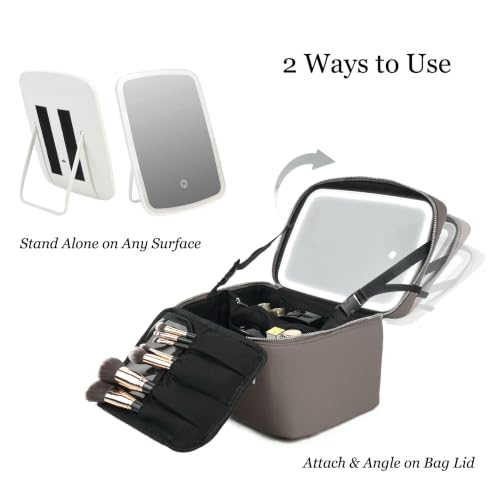 Travel/Daily Makeup Bag/Cosmetic Case with Detachable LED Mirror - color: Taupe
