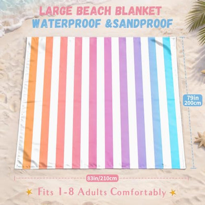 AlphaBeing Beach Blanket Waterproof Sandproof, Extra Large Beach Mat - color: Purple Stripes, size: 79“×83”
