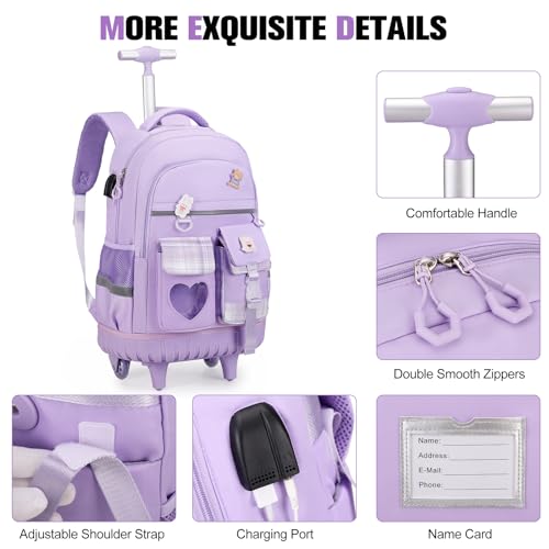 ACESAK 3PCS Rolling Backpack for Girls Children, Girls Backpack with Wheels - color: Purple