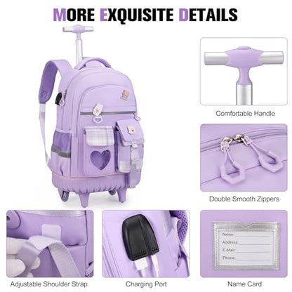 ACESAK 3PCS Rolling Backpack for Girls Children, Girls Backpack with Wheels - color: Purple