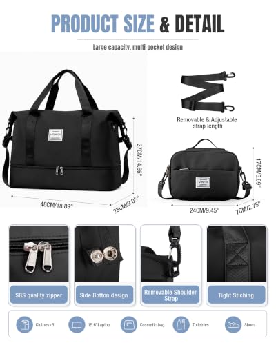 Weekender Bags for Women Travel Weekend Overnight Bag with Shoe Compartment - color: B -Black + Packing Cube