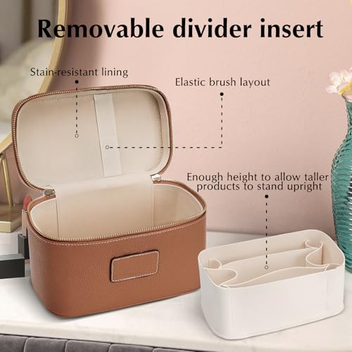 Makeup Case for Women, Leather Makeup Bag Cosmetic Case with Removable Divider, Large Capacity Waterproof Portable Travel Toiletry Make up Organizer Case - color: Light Brown