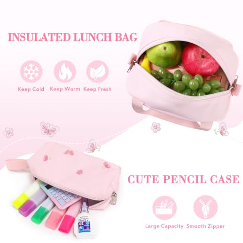 ACESAK 3PCS Embroidered Girls Backpack with Lunch Bag Set,Pink Batterfly - color: Pink Butterfly