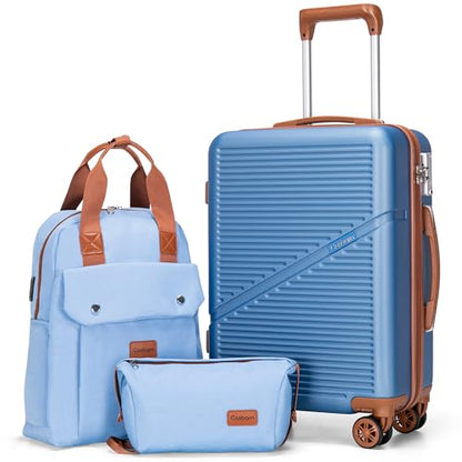 Cosbarn Carry On Luggage,3 Piece Suitcase Set,22x14x9 Airline Approved - color: HazeBlue, style: Carry on Luggage With Backpack