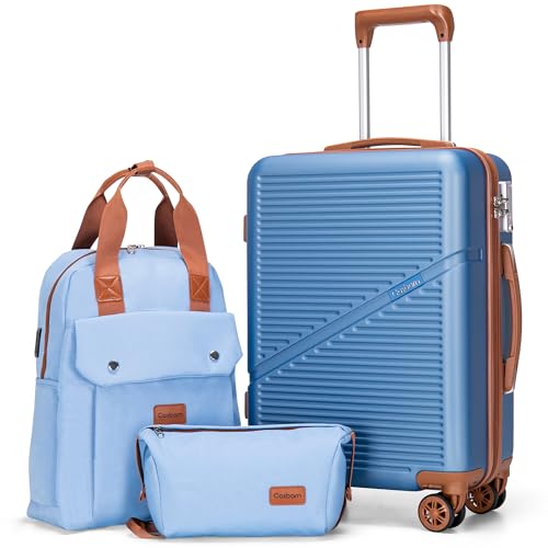 Cosbarn Carry On Luggage,3 Piece Suitcase Set,22x14x9 Airline Approved - color: HazeBlue, style: Carry on Luggage With Backpack