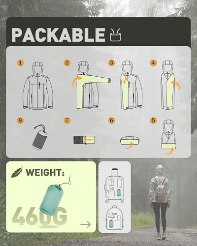 33,000ft Packable Rain Jacket for Women Waterproof Raincoats with Hood - color: Aqua Tone, size: Large