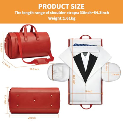 PU Leather Garment Bag, Convertible Garment Duffel Bag for Travel Mens Suit Bag 2 in 4 Waterproof Foldable Carry on Garment Bag with Shoulder Strap Weekender Bag with Shoe Pouch - color: PU-Red