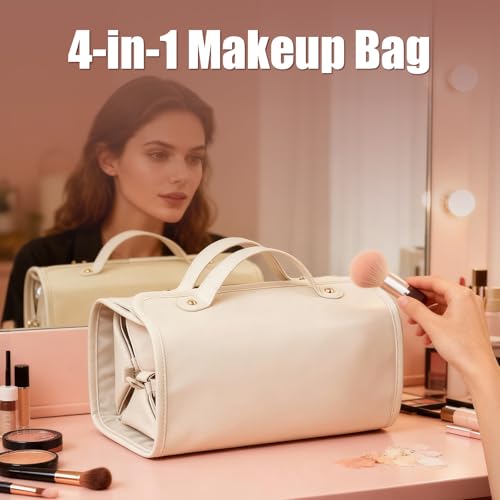 Expandable Makeup Bag Women Waterproof Cosmetic Travel Organizer - color: White
