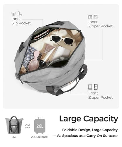 Foldable Travel Bag, 26L Lightweight Weekender Duffel, Expandable Second Carry-On Bag for Travel & Shopping, Water-Resistant Personal Item Bag, Gray - color: Gray