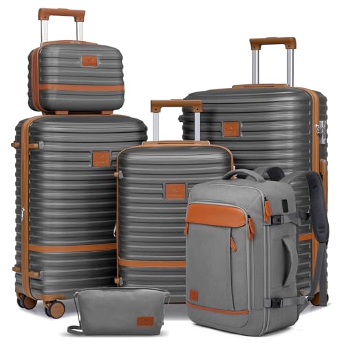 Joyway Expandable Luggage Sets 5 Piece, Lightweight Hard Shell Travel Suitcase Set with Spinner Wheels and TSA Lock, Grey - color: Grey, size: 6 piece set（13/20/24/28）