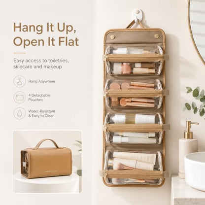 YDR Roll Up Makeup Bag for Women, 4-in-1 Toiletry Bag with 4 Detachable Clear Pouches, Hanging Travel Makeup Organizer, PU Leather Cosmetic Bag - color: 4 separate-Brown
