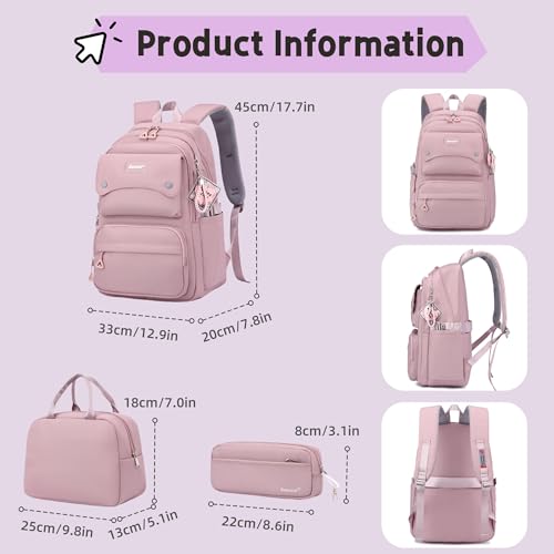 Bansusu 3Pcs Pink Kids Backpack and Lunch Bag Set for Girls, Solid Color School Bag Backpack with Lunchbox, Pink - color: 3pcs-pink