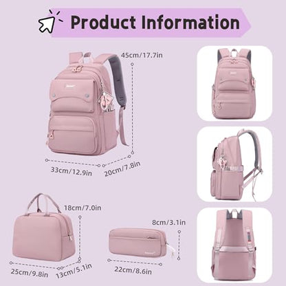 Bansusu 3Pcs Pink Kids Backpack and Lunch Bag Set for Girls, Solid Color School Bag Backpack with Lunchbox, Pink - color: 3pcs-pink