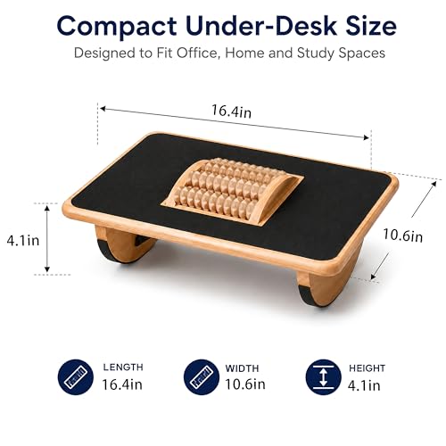 Foldable Under Desk Foot Rest, Wooden Rocking Footrest with 4 Massage Rollers, Natural Rubber Wood Ergonomic Foot Stool with Silicone Anti-Slip Surface, Office Home Study Footrest for Post