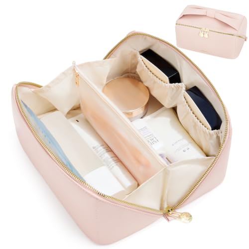 SHOWKOO Cosmetic Bag for Women, WideOpen Travel Makeup Bag with Compartment - color: Pink