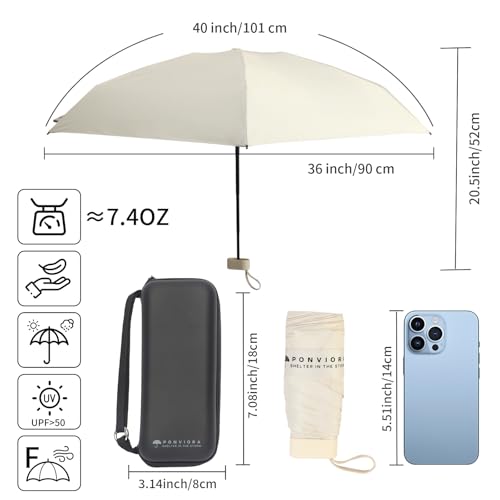 Compact Mini Windproof Travel Umbrella-UPF 50+ Sun & Rain Protection, Small Folding Design Fits in Pocket or Purse, Lightweight Portable with Case for Women, Men & Kids - color: Beige