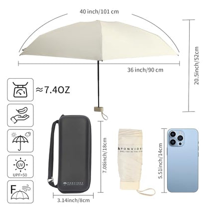Compact Mini Windproof Travel Umbrella-UPF 50+ Sun & Rain Protection, Small Folding Design Fits in Pocket or Purse, Lightweight Portable with Case for Women, Men & Kids - color: Beige