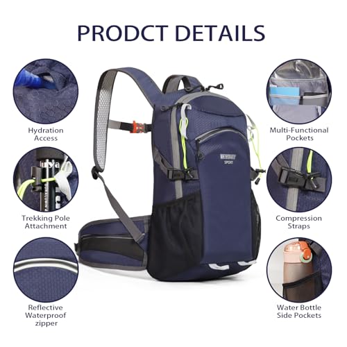 22L Lightweight Hiking Daypack with Waist Pocket Biking Skiing Travel - color: Navy