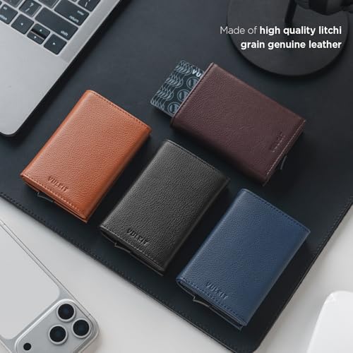 VULKIT Pop up Card Wallet Minimalist Cash Wallets RFID Blocking Leather Smart Credit Card Holder with ID window for Men - color: Top-Grain Cowhide Litchi Black