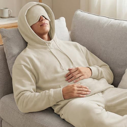Ainangua Mens Oversized Pullover Essentials Hoodie with Eye Mask Built In Comfor Airplane Mode Travel Sleep Wearable Blanket - color: Khaki, size: Small