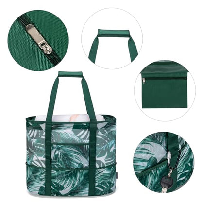 KABAQOO Mesh Beach Bag, Extra Large Beach Bags with 9 Pockets & Zipper Waterproof Lightweight Beach Tote for Beach/Pool Trip - color: Coconut Tree, size: Large