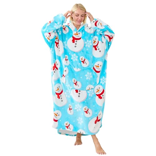 Moinlizy Oversized Wearable Blanket Hoodie for Women Men - color: Blue Snowman