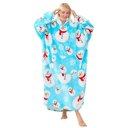 Moinlizy Oversized Wearable Blanket Hoodie for Women Men - color: Blue Snowman