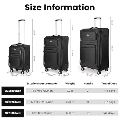 Softside Luggage Sets 3 Piece w/Front Pockets,Expandable - color: Black, size: 3-Piece Set (20"/26"/30'')