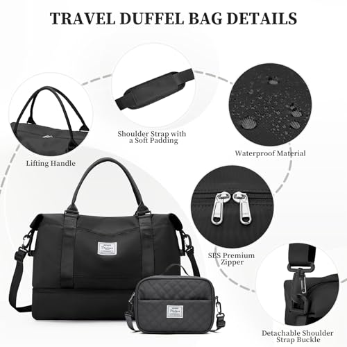 Weekender Bags for Women,Personal Item Travel Bag with Shoes Compartment - color: Black with BlackGray Toiletry Bag, size: Extra Large