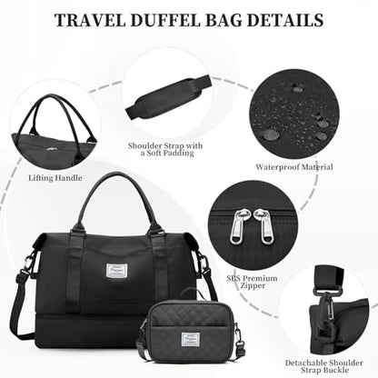 Weekender Bags for Women,Personal Item Travel Bag with Shoes Compartment - color: Black with BlackGray Toiletry Bag, size: Extra Large