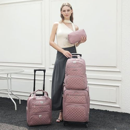 LARVENDER Softside Carry On Luggage 4 Piece, Expandable Carry On Luggage 22x14x9 Airline Approved Underseat Suitcase with Spinner Wheels TSA Lock, Pink (16/20/BP/TB) - color: Pink